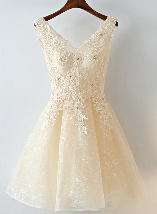 Cute Light Champagne Lace Knee Length Party Dress, Short Prom Dress Crew Neckline Casual