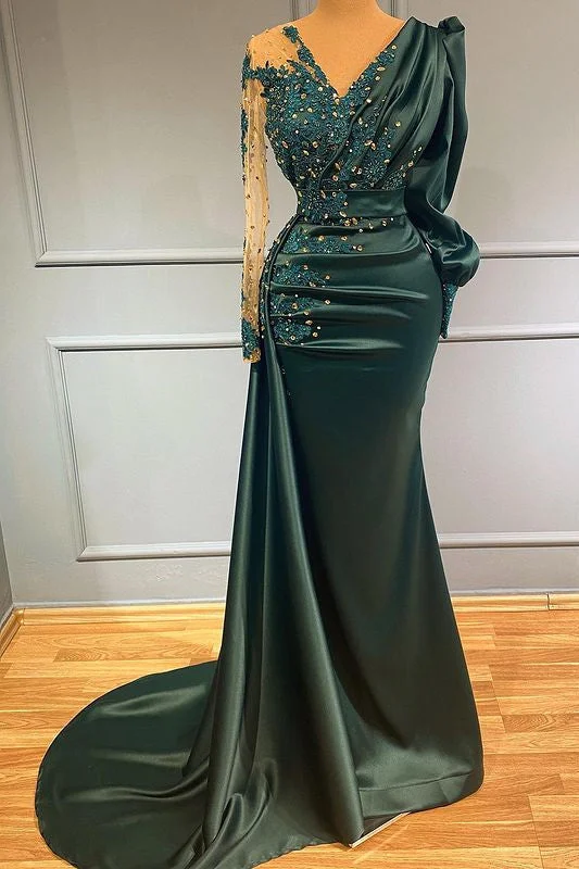 Dark Green V-Neck Long Sleeves Evening Dress with Beadings and Lace Appliques Tunics Travel practical