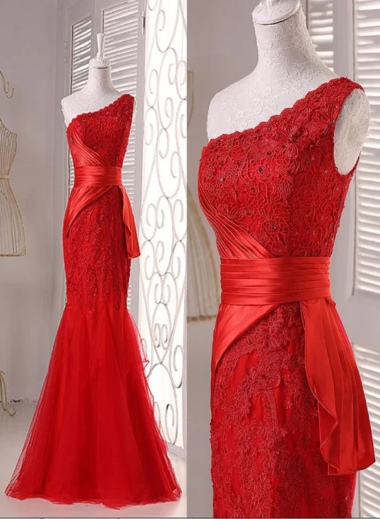 Elegant One Shoulder Red Lace Mermaid Wedding Party Dress, Red Prom Dress 2021 Tunics Stylish elegant Elegant One Shoulder Red Lace Mermaid Wedding Party Dress, Red Prom Dress 2021 Tunics Stylish elegant