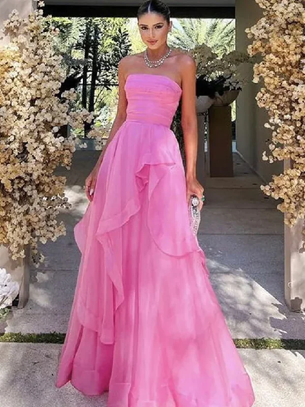 Elegant Strapless Layered Pink Prom Long Dresses, Strapless Pink Formal Graduation Evening Dresses Tunics Practical durable Elegant Strapless Layered Pink Prom Long Dresses, Strapless Pink Formal Graduation Evening Dresses Tunics Practical durable