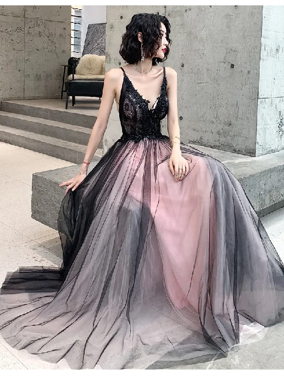 Fashionable Pink and Black Tulle V-neckline Party Dress, Pink Lace Applique Evening Gown Tunics Gym athletic Fashionable Pink and Black Tulle V-neckline Party Dress, Pink Lace Applique Evening Gown Tunics Gym athletic