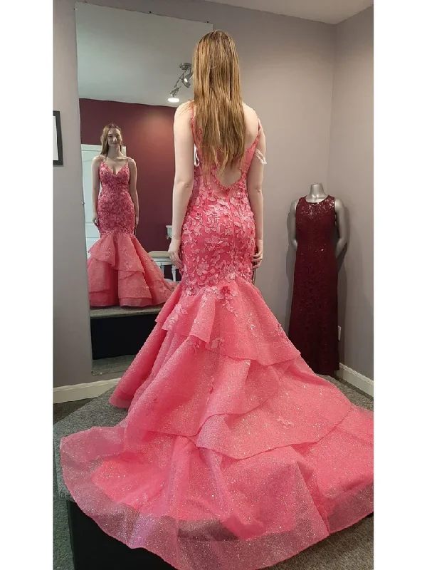 Gorgeous V Neck Backless Mermaid Hot Pink Lace Long Prom Dresses, Open Back Mermaid Hot Pink Lace Long Formal Evening Dresses Tunics Sale discount Gorgeous V Neck Backless Mermaid Hot Pink Lace Long Prom Dresses, Open Back Mermaid Hot Pink Lace Long Formal Evening Dresses Tunics Sale discount