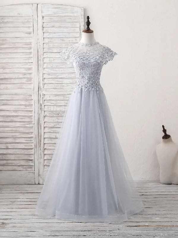 Gray Round Neck Lace Tulle Long Prom Dress, Gray Evening Dress Tunics Practical easy-care Gray Round Neck Lace Tulle Long Prom Dress, Gray Evening Dress Tunics Practical easy-care