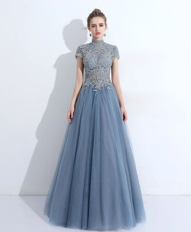 Gray Blue Round Neck Tulle Lace Long Prom Dress, Gray Blue Evening Dress Tunics Brand named Gray Blue Round Neck Tulle Lace Long Prom Dress, Gray Blue Evening Dress Tunics Brand named