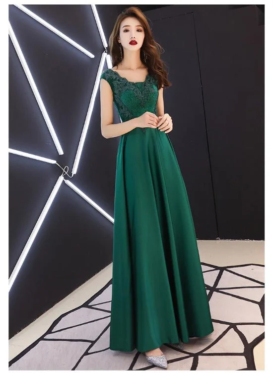 Green Satin A-line Long Party Dress with Lace, Beaded Satin Evening Dress Prom Dress Boatneck Modish Everyday Green Satin A-line Long Party Dress with Lace, Beaded Satin Evening Dress Prom Dress Boatneck Modish Everyday