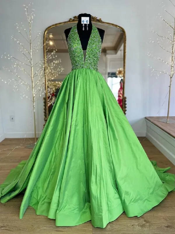 Halter V Neck Backless Beaded Green Long Prom Dresses with Sequins, Green Satin Long Formal Graduation Evening Dresses Tunics Essential wardrobe Halter V Neck Backless Beaded Green Long Prom Dresses with Sequins, Green Satin Long Formal Graduation Evening Dresses Tunics Essential wardrobe