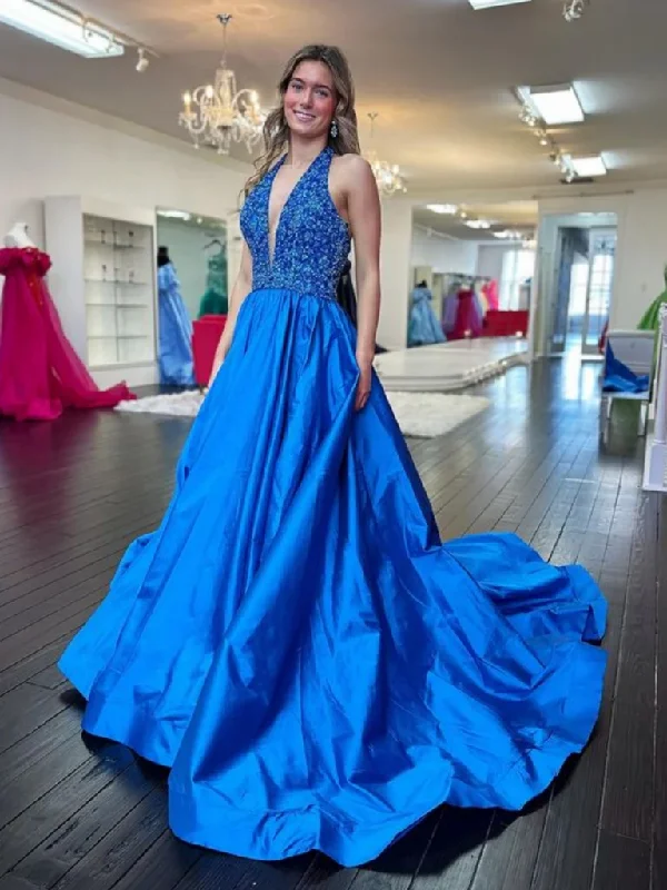 Halter V Neck Backless Blue Long Prom Dresses, V Neck Open Back Blue Formal Graduation Evening Dresses Tunics Top rated Halter V Neck Backless Blue Long Prom Dresses, V Neck Open Back Blue Formal Graduation Evening Dresses Tunics Top rated