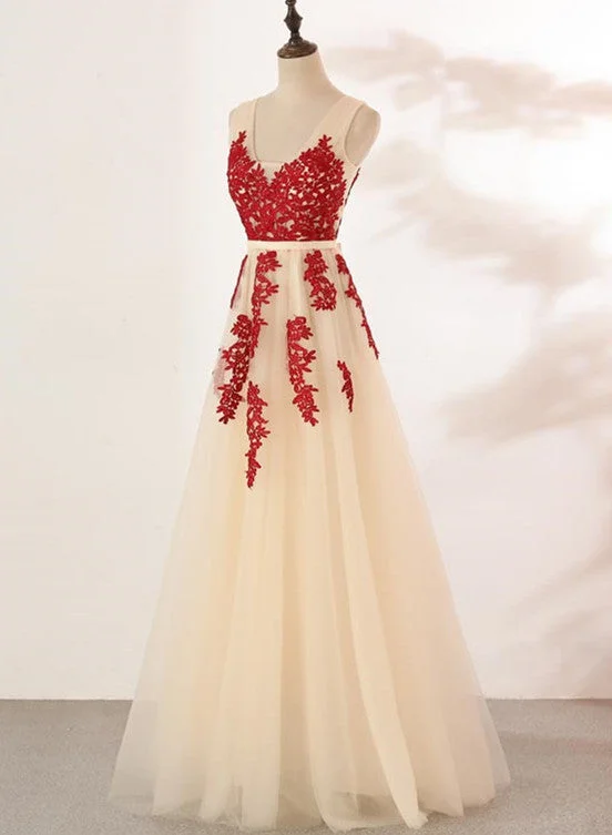 Ivory Tulle with Red Lace Applique V-neckline Prom Dress, Tulle V Back Formal Dress, Evening Dress Pleated Skirt Elegant Ivory Tulle with Red Lace Applique V-neckline Prom Dress, Tulle V Back Formal Dress, Evening Dress Pleated Skirt Elegant