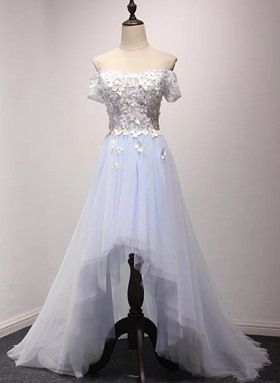 Light Blue Off Shoulder Flowers High Low Party Dress, Tulle Formal Dress Prom Dress Pencil Length Work Light Blue Off Shoulder Flowers High Low Party Dress, Tulle Formal Dress Prom Dress Pencil Length Work