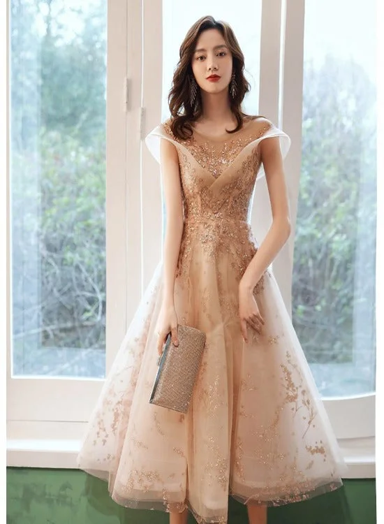 Light Champagne Applique Tulle Cap Sleeves Party Dress, Tea Length Formal Dress Bridesmaid Dress Halter Neckline Beach Light Champagne Applique Tulle Cap Sleeves Party Dress, Tea Length Formal Dress Bridesmaid Dress Halter Neckline Beach
