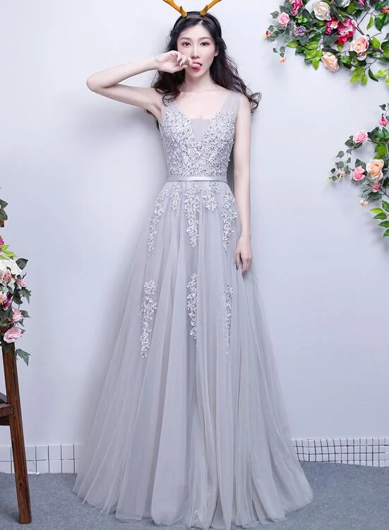 Light Grey Lace Appique Long V-neckline Party Dress, A-line Tulle Prom Dress Bridesmaid Dress Boatneck Modish Everyday Light Grey Lace Appique Long V-neckline Party Dress, A-line Tulle Prom Dress Bridesmaid Dress Boatneck Modish Everyday