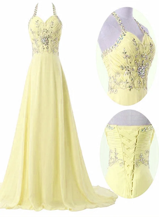 Light Yellow Chiffon Halter Beaded Long Party Dress, Chiffon Prom Dress Tunics Long Elegant Light Yellow Chiffon Halter Beaded Long Party Dress, Chiffon Prom Dress Tunics Long Elegant