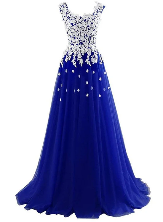 Long Blue Tulle Prom Dresses,White Appliques Princess Dress, Wedding Party Dress Shift Classic Vintage Long Blue Tulle Prom Dresses,White Appliques Princess Dress, Wedding Party Dress Shift Classic Vintage