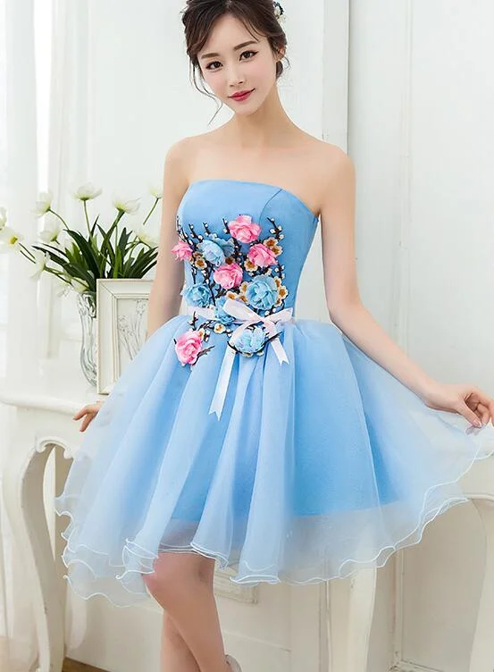 Lovely Blue Organza Short Party Dress with Flowers, Blue Homecoming Dress Tunics Hiking breathable Lovely Blue Organza Short Party Dress with Flowers, Blue Homecoming Dress Tunics Hiking breathable