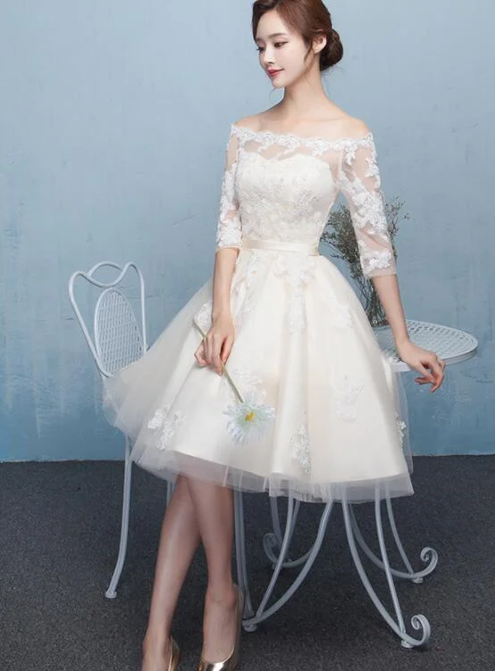 Lovely Ivory Short Tulle Prom Dress , Off Shoulder Party Dress with Lace Tunics Versatile functional Lovely Ivory Short Tulle Prom Dress , Off Shoulder Party Dress with Lace Tunics Versatile functional