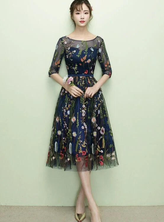 Lovely Navy Blue Lace Floral Knee Length Bridesmaid Dress, Blue Short Party Dress Tunics Sophisticated sleek Lovely Navy Blue Lace Floral Knee Length Bridesmaid Dress, Blue Short Party Dress Tunics Sophisticated sleek