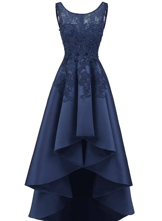 Navy Blue Lace Beaded Wedding Party Dresses, High Low Bridesmaid Gowns Formal Crew Neckline Sporty Navy Blue Lace Beaded Wedding Party Dresses, High Low Bridesmaid Gowns Formal Crew Neckline Sporty