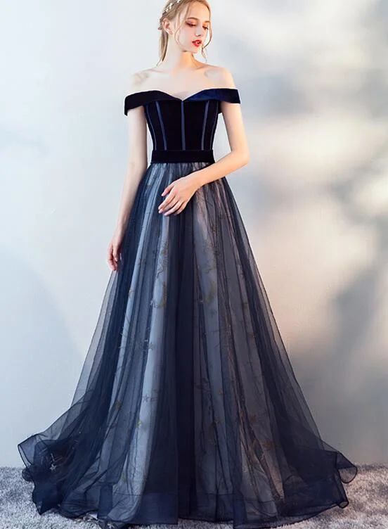 Navy Blue Off Shoulder Tulle with Velvet Long Party Dress, Blue Prom Dress, Evening Dress High-Low Hemline Casual Navy Blue Off Shoulder Tulle with Velvet Long Party Dress, Blue Prom Dress, Evening Dress High-Low Hemline Casual