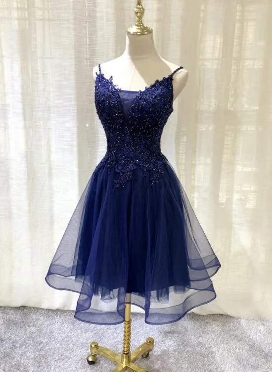 Navy Blue V-neckline Tulle Short Homecoming Dress, Lace Applique Short Party Dress Tunics stripes playful Navy Blue V-neckline Tulle Short Homecoming Dress, Lace Applique Short Party Dress Tunics stripes playful
