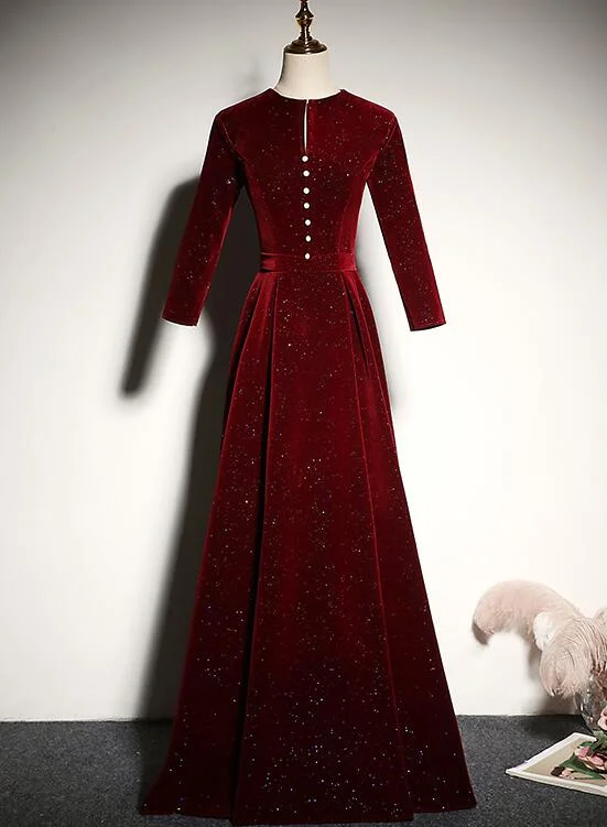 New Style Wine Red Velvet Long Sleeves Prom Dress, A-line Floor Length Party Dress Glittery Long Formal New Style Wine Red Velvet Long Sleeves Prom Dress, A-line Floor Length Party Dress Glittery Long Formal