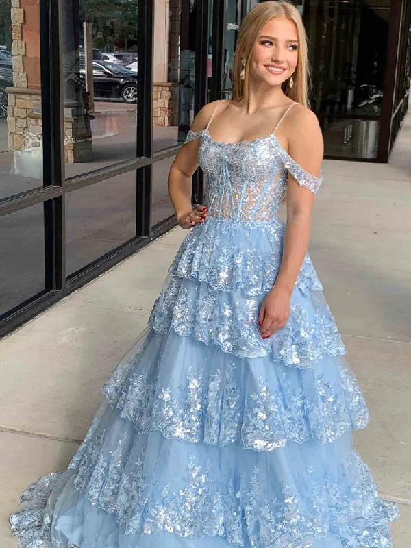 Off the Shoulder Blue Ruffle Tiered Lace Prom Dresses, Off Shoulder Blue Ruffle Tiered Lace Formal Evening Dresses Tunics Floral girly