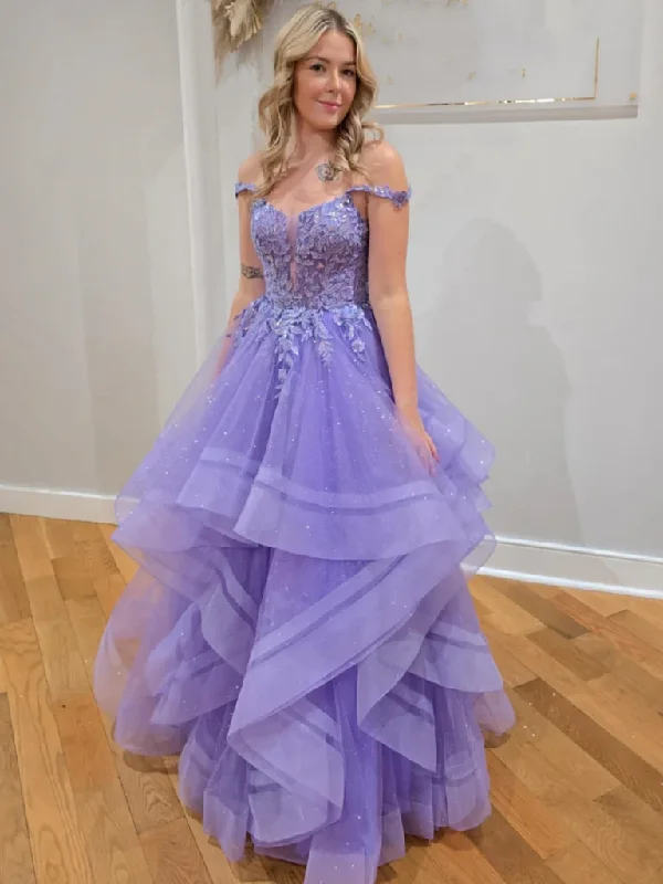 Off The Shoulder Fluffy Lilac Lace Long Prom Dresses, Purple Lace Off Shoulder Formal Evening Dresses Tunics Cozy soft Off The Shoulder Fluffy Lilac Lace Long Prom Dresses, Purple Lace Off Shoulder Formal Evening Dresses Tunics Cozy soft