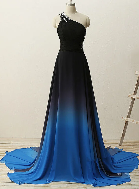 One Shoulder Beaded Chiffon Gradient Long Party Dress, Blue Formal Dress, Prom Dress Tunics Top Casual One Shoulder Beaded Chiffon Gradient Long Party Dress, Blue Formal Dress, Prom Dress Tunics Top Casual