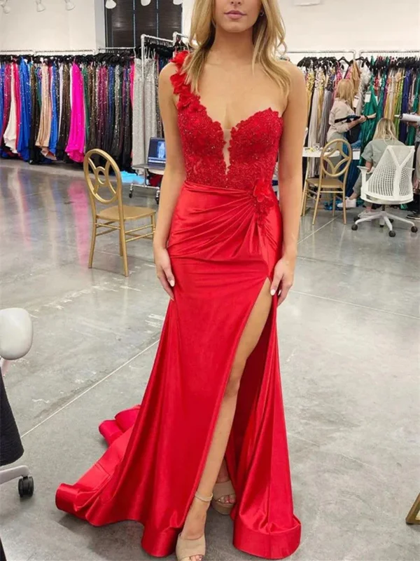 One Shoulder Mermaid Red Lace Floral Long Prom Dress with High Split, One Shoulder 3D Floral Lace Pleated Red Mermaid Formal Evening Dresses Tunics Summer linen One Shoulder Mermaid Red Lace Floral Long Prom Dress with High Split, One Shoulder 3D Floral Lace Pleated Red Mermaid Formal Evening Dresses Tunics Summer linen