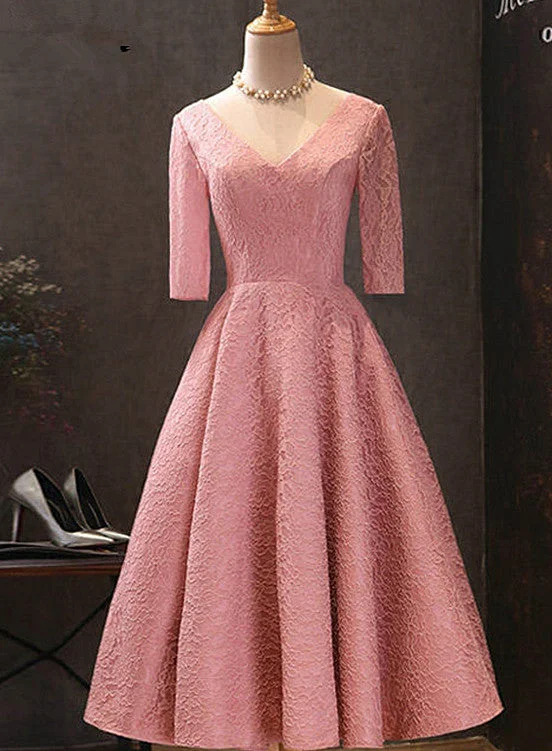 Pink V-neckline Lace Short Sleeves Tea Length Wedding Party Dress, Short Prom Dress Peplum Ruffle Cocktail Pink V-neckline Lace Short Sleeves Tea Length Wedding Party Dress, Short Prom Dress Peplum Ruffle Cocktail