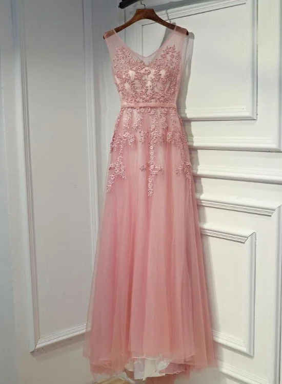 Pink V-neckline Tulle Long Party Dress, Pink Prom Dress Formal Dress Tunics Party sparkling Pink V-neckline Tulle Long Party Dress, Pink Prom Dress Formal Dress Tunics Party sparkling