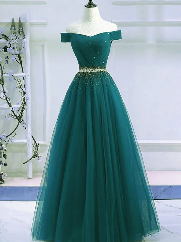 Pretty Hunter Green Off Shoulder Beaded Prom Dress, Long Evening Dress, Party Dress Glittery Long Formal Pretty Hunter Green Off Shoulder Beaded Prom Dress, Long Evening Dress, Party Dress Glittery Long Formal