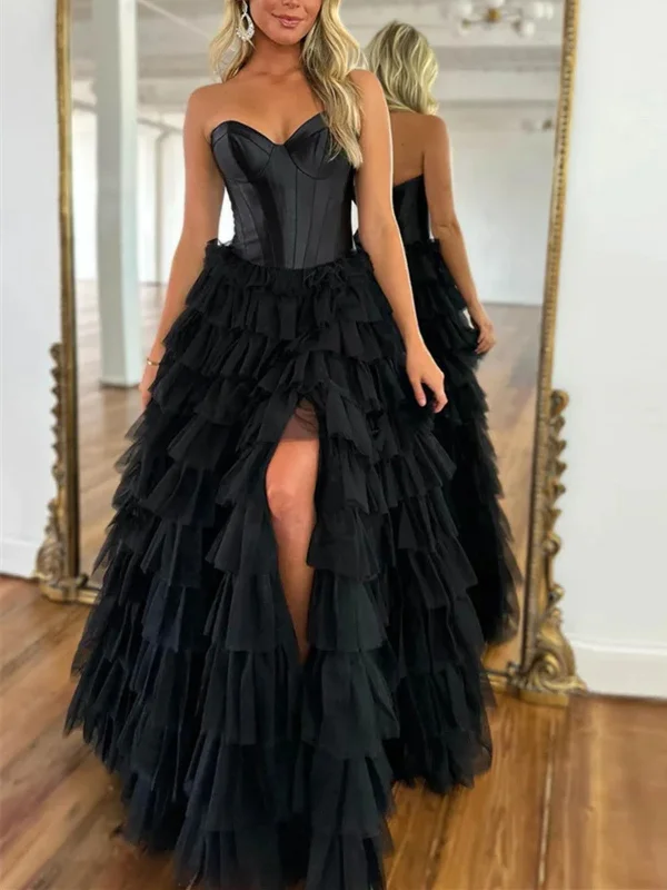 Princess Strapless Black Long Prom Dresses with High Split, Black Tulle Long Formal Evening Dresses Tunics Fleece cozy