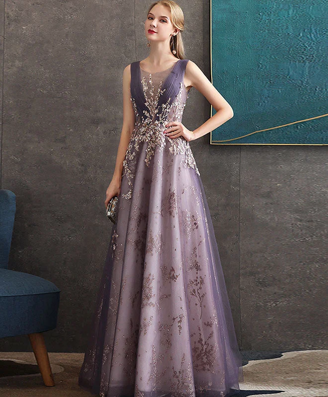 Purple Round Neck Tulle Lace Long Prom Dress Purple Evening Dress Shift Classic Vintage