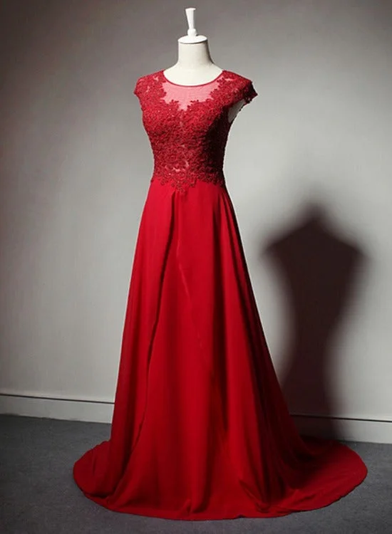 Red Chiffon Lace Applique Long Formal Dress, Red Party Dress Evening Dress Satin Halter Glamorous Red Chiffon Lace Applique Long Formal Dress, Red Party Dress Evening Dress Satin Halter Glamorous