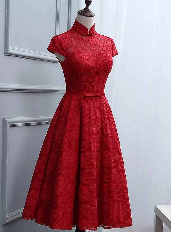 Red Lace Knee Length High Neckline Party Dress, Lace Homecoming Dresses Tunics Top rated Red Lace Knee Length High Neckline Party Dress, Lace Homecoming Dresses Tunics Top rated