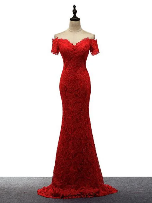 Red Lace Mermaid Long Wedding Party Dress, Off Shoulder Lace Bridesmaid Dress Tunics Plaid country Red Lace Mermaid Long Wedding Party Dress, Off Shoulder Lace Bridesmaid Dress Tunics Plaid country