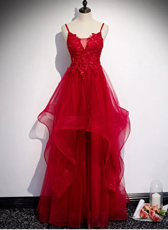 Red Lace Tulle Layered Straps Fashionable Long Party Dress, Long Prom Gown Tunics Sale discount Red Lace Tulle Layered Straps Fashionable Long Party Dress, Long Prom Gown Tunics Sale discount