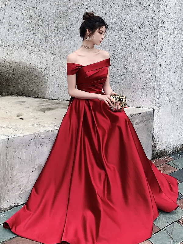 Red Satin Off Shoulder Fashionable Long Prom Dress, New Style Party Dress Tunics Polka dots Red Satin Off Shoulder Fashionable Long Prom Dress, New Style Party Dress Tunics Polka dots
