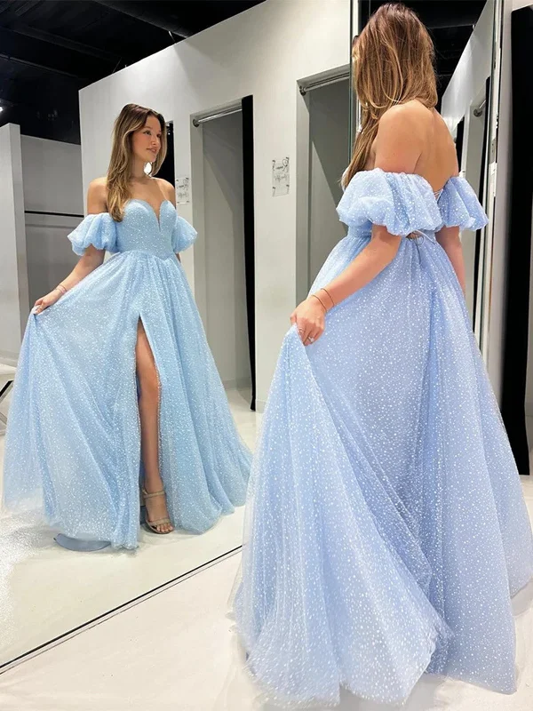 Shiny A Line Sweetheart Neck Off Shoulder Blue Tulle Long Prom Dresses, Off The Shoulder Tulle Blue Formal Evening Dresses Tunics Versatile functional Shiny A Line Sweetheart Neck Off Shoulder Blue Tulle Long Prom Dresses, Off The Shoulder Tulle Blue Formal Evening Dresses Tunics Versatile functional
