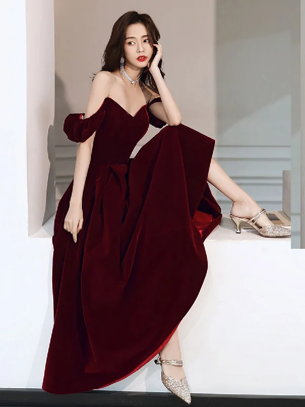 Simple Velvet Tea Length Prom Dresses, Burgundy Velvet Evening Dresses Tunics Print Colorful