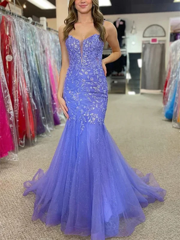 Spaghetti Straps Lilac Lace Mermaid Long Prom Dresses, Mermaid Lilac Formal Evening Dresses Tunics New arrival Spaghetti Straps Lilac Lace Mermaid Long Prom Dresses, Mermaid Lilac Formal Evening Dresses Tunics New arrival