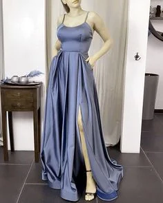 Steel blue satin bridesmaid dresses spaghetti straps satin gown leg split long prom dress evening dress    cg19553 Tunics Yoga stretchy