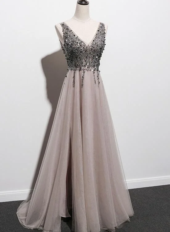 Stylish Tulle Slit V-neckline Beaded Long Party Dress, Tulle Prom Dress Peplum Ruffle Cocktail Stylish Tulle Slit V-neckline Beaded Long Party Dress, Tulle Prom Dress Peplum Ruffle Cocktail