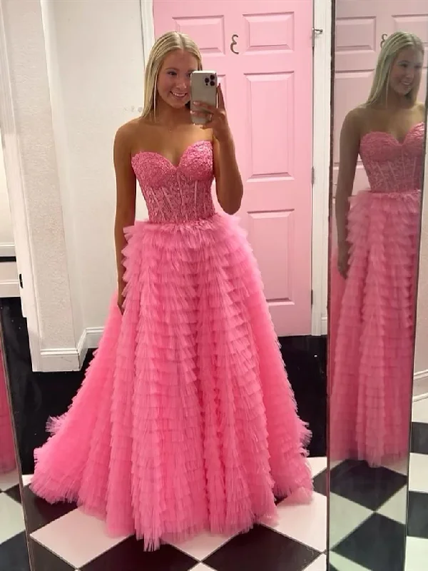 Sweetheart Neck Hot Pink Lace Tulle Prom Dresses, Hot Pink Lace Long Formal Evening Dresses Tunics Brand named Sweetheart Neck Hot Pink Lace Tulle Prom Dresses, Hot Pink Lace Long Formal Evening Dresses Tunics Brand named
