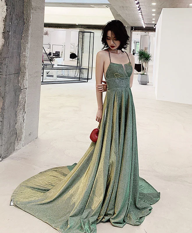 Unique Backless Green Long Prom Dress, Green Long Evening Dress Tunics Satin smooth