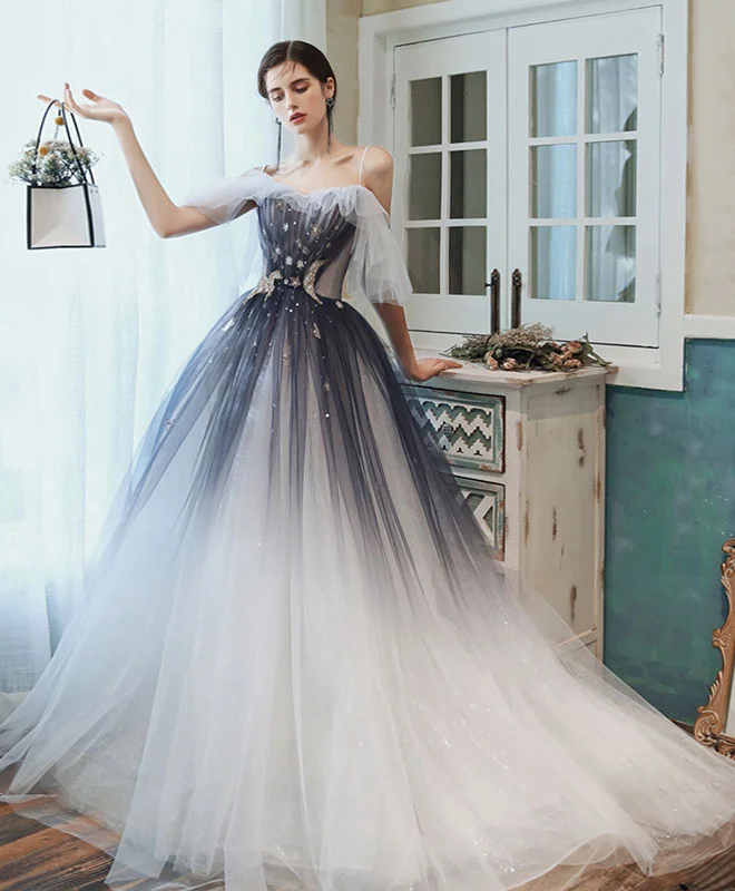 Unique Sweetheart Tulle Blue Long Prom Dress Blue Tulle Evening Dress Off-the-shoulder Chic Trendy Unique Sweetheart Tulle Blue Long Prom Dress Blue Tulle Evening Dress Off-the-shoulder Chic Trendy