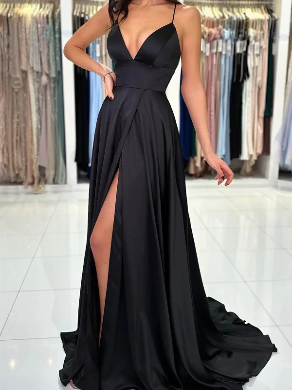 V Neck Backless Black Satin Long Prom Dresses, V Neck Backless Black Satin Long Evening Party Dresses Tunics Plaid country
