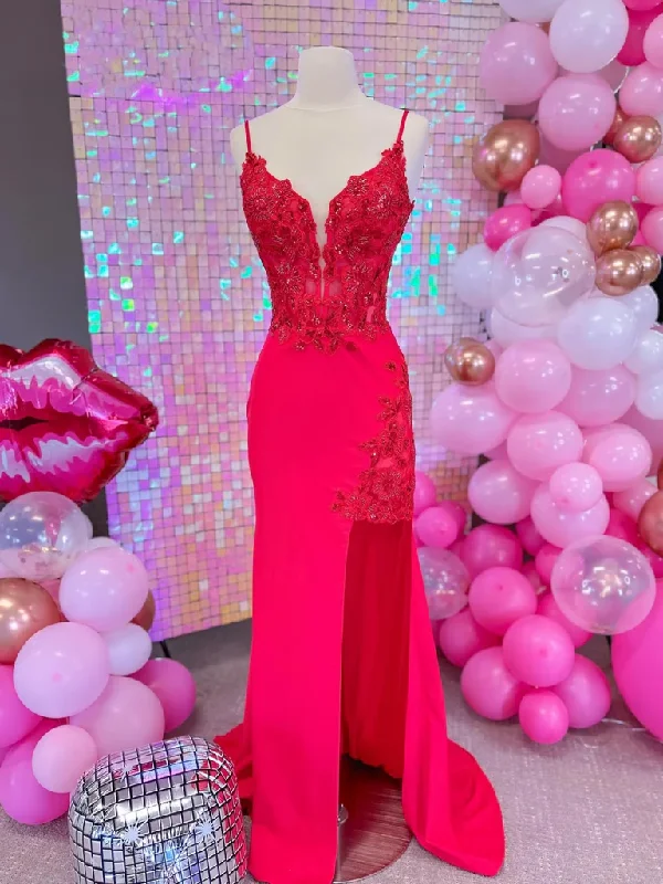 V Neck Mermaid Red Lace Long Prom Dresses with High Slit, Mermaid Red Lace Long Formal Evening Dresses Tunics Yoga stretchy V Neck Mermaid Red Lace Long Prom Dresses with High Slit, Mermaid Red Lace Long Formal Evening Dresses Tunics Yoga stretchy