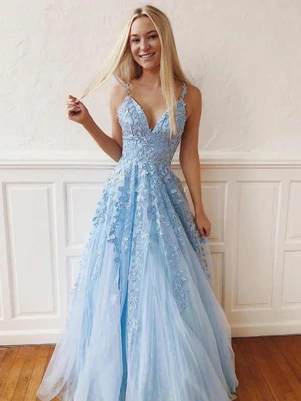 V Neck Sky Blue Lace Prom Dresses Long, Blue Long Lace Bridesmaid Dresses, Formal Evening Dresses Tunics Bridal satin V Neck Sky Blue Lace Prom Dresses Long, Blue Long Lace Bridesmaid Dresses, Formal Evening Dresses Tunics Bridal satin