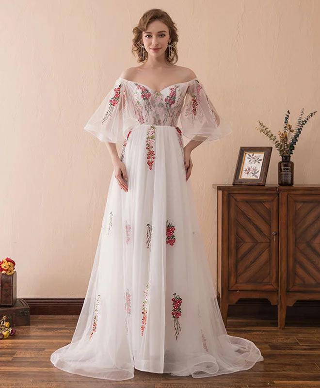 White V Neck Tulle Lace Long Prom Dress, White Evening Dress Tunics Essential wardrobe White V Neck Tulle Lace Long Prom Dress, White Evening Dress Tunics Essential wardrobe